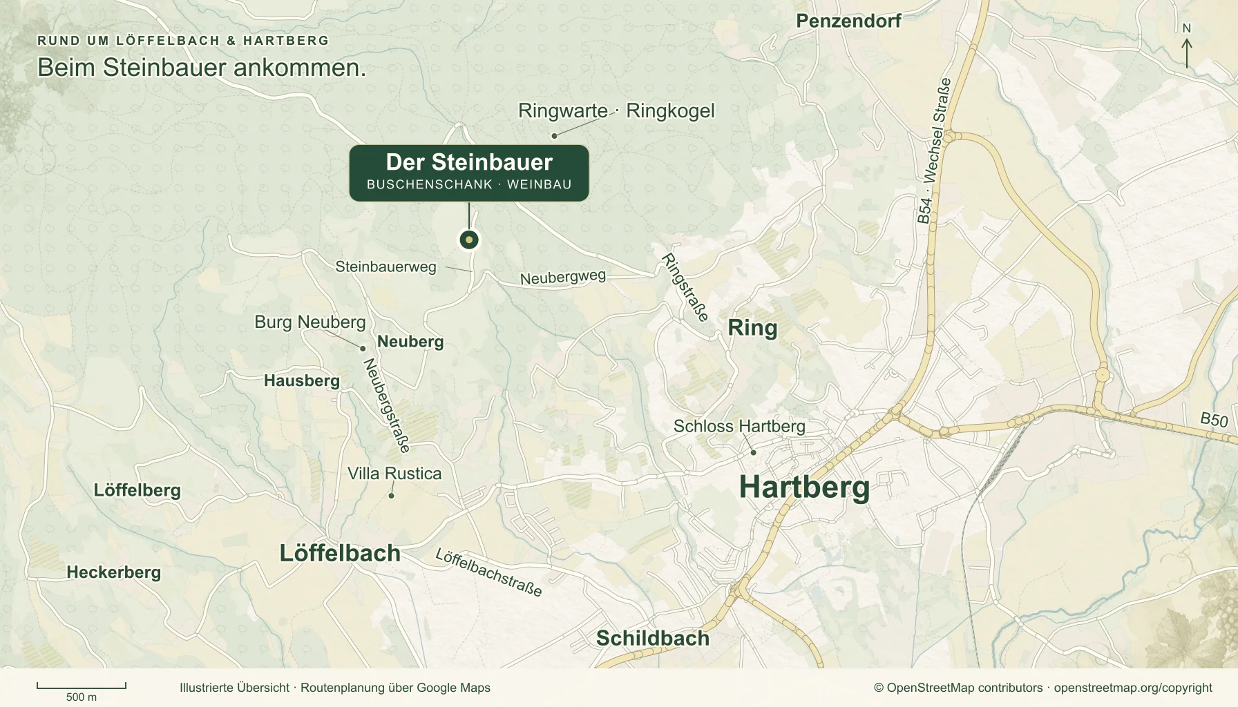 Illustrierte Umgebungskarte von Löffelbach und Hartberg mit Straßen, Ringkogel, Burg Neuberg und Villa Rustica